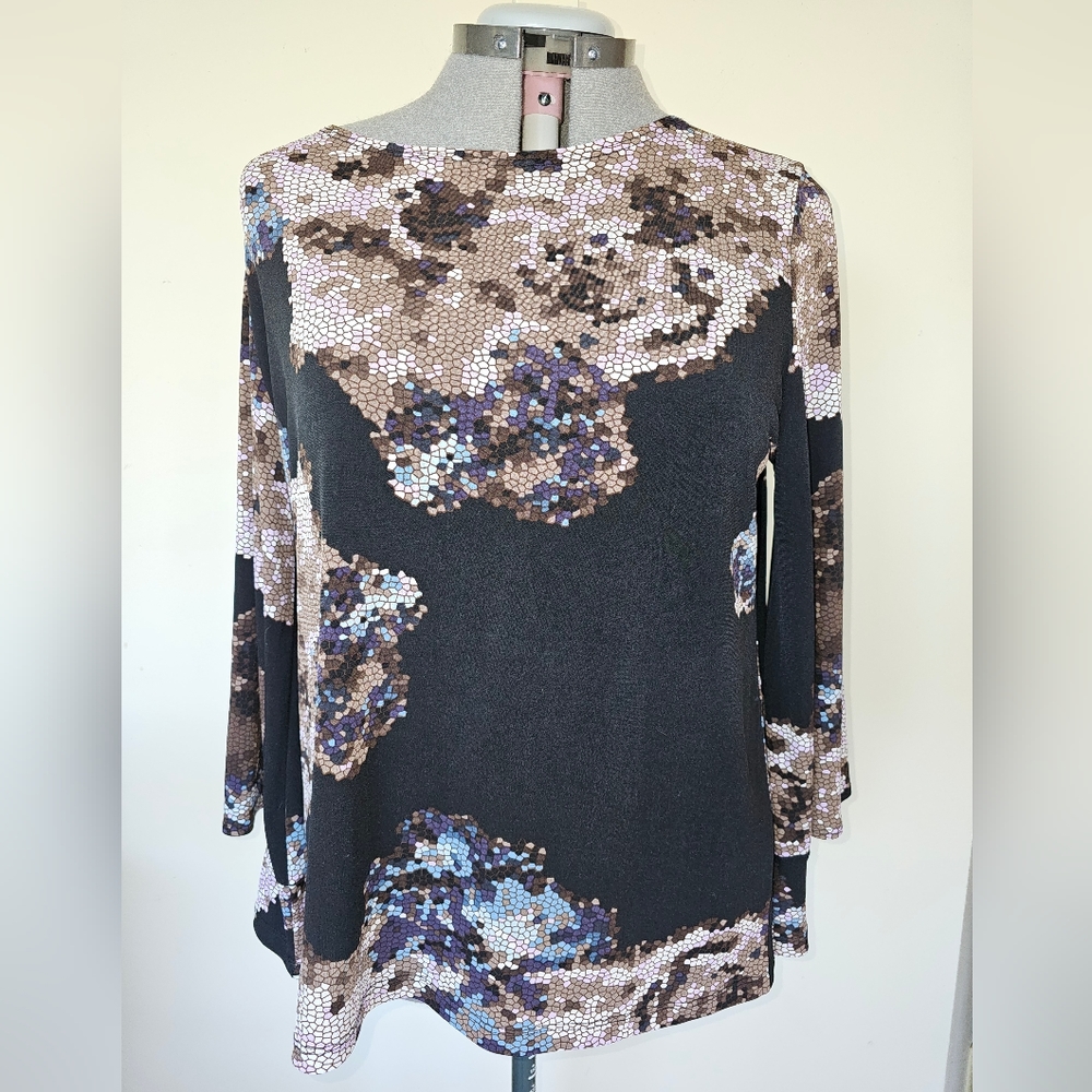 Clara Sun Woo Mosaic Print Peekaboo Cuff Sleeve Top - Black Multi - Large (14)